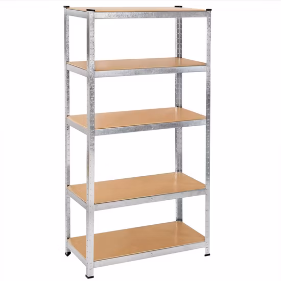 Prateleira sem parafusos ajustável de 5 camadas de metal com estrutura de prateleira galvanizada e placa de MDF