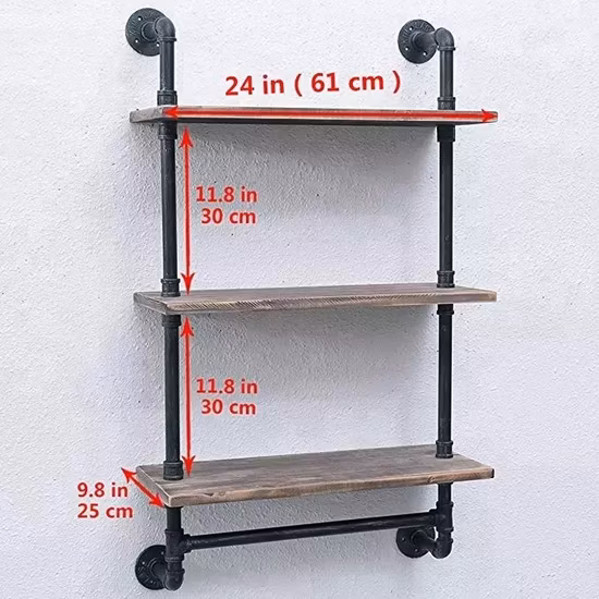 Prateleira de tubo de banheiro industrial vintage montada na parede prateleira flutuante com prateleiras de livro de sala de estar de madeira de pinho